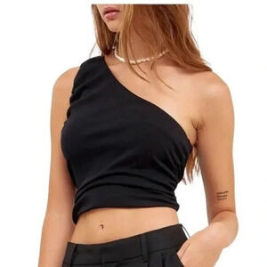 Grey Lab Ruched Cotton One Shoulder Crop Top Black Size M NWT